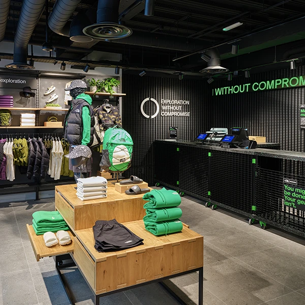 Sustainability Corner in The North Face London Store, showcasing The North Face's commitment to the environment