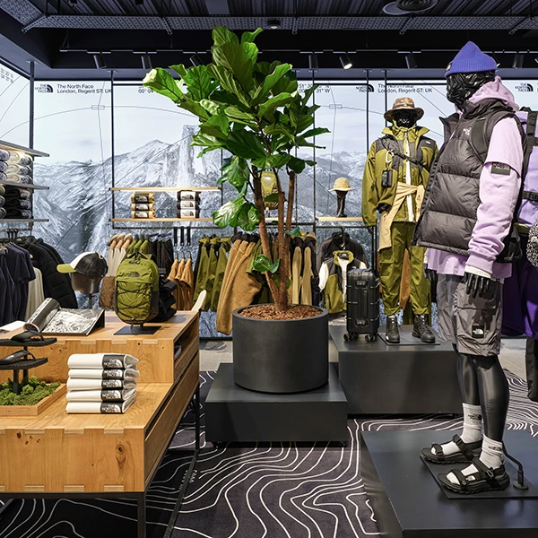 Clothing display inside The North Face Store London, showcasing the latest The North Face Range