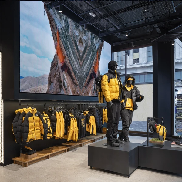 Eye-catching LED wall inside The North Face store London, creating a mesmerising visual experience